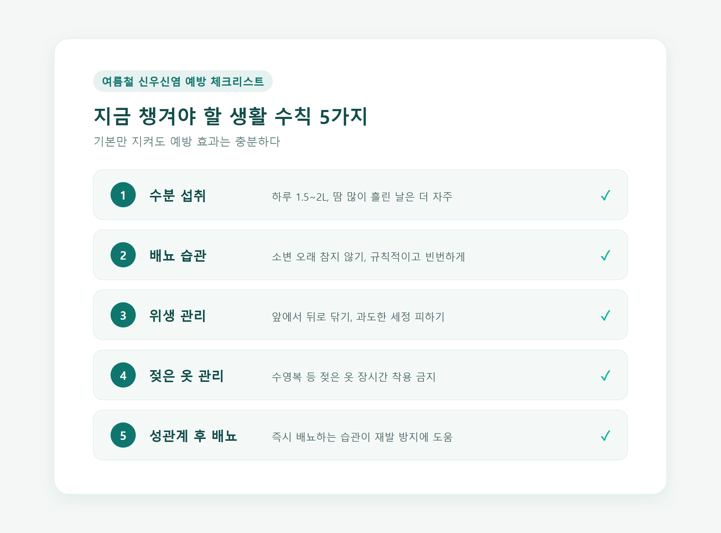 여름철 신우신염 예방 생활 수칙 5가지를 한눈에 보여주는 인포그래픽 (수분 섭취·배뇨 습관·위생 관리·젖은 옷 피하기·성관계 후 배뇨)