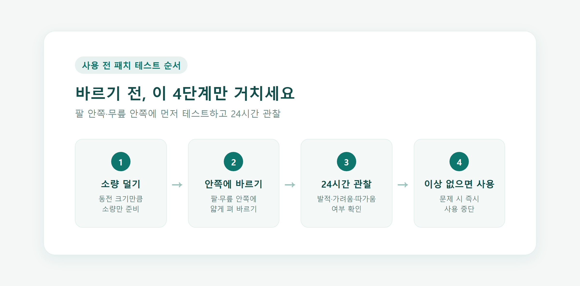 팔 안쪽에 알로에 수딩젤을 소량 발라 패치 테스트를 하는 모습