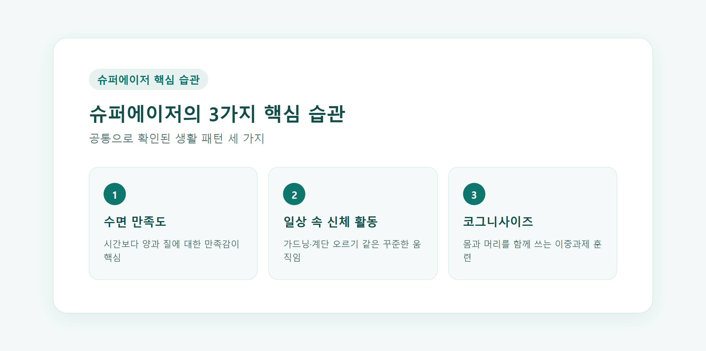 슈퍼에이저의 3가지 핵심 습관을 정리한 인포그래픽